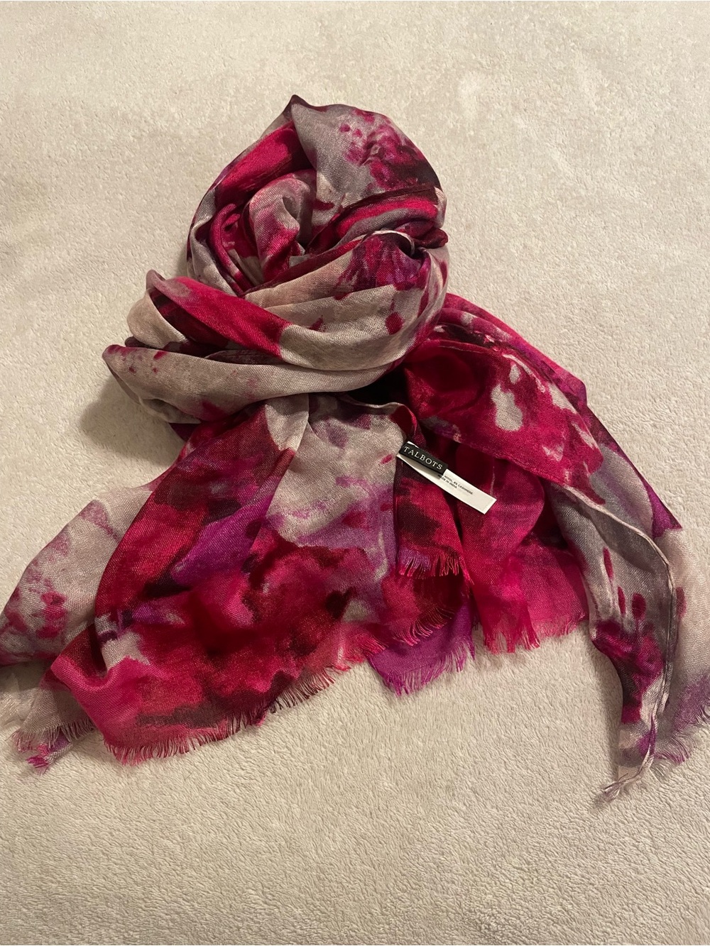 Talbots bright Fuchsia and Gray autumn flower print, silk wool cashmere blend